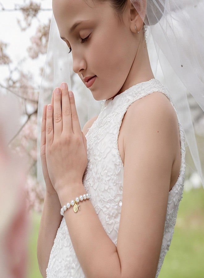 GINAZL First Communion Gifts, Virgin Mary Pearl Bracelet 14K Gold Plated Charm Bracelets for Women Rope Adjustable Tiny Cute Cross Bracelet First Holy Communion Gifts (FPB) - Image 3